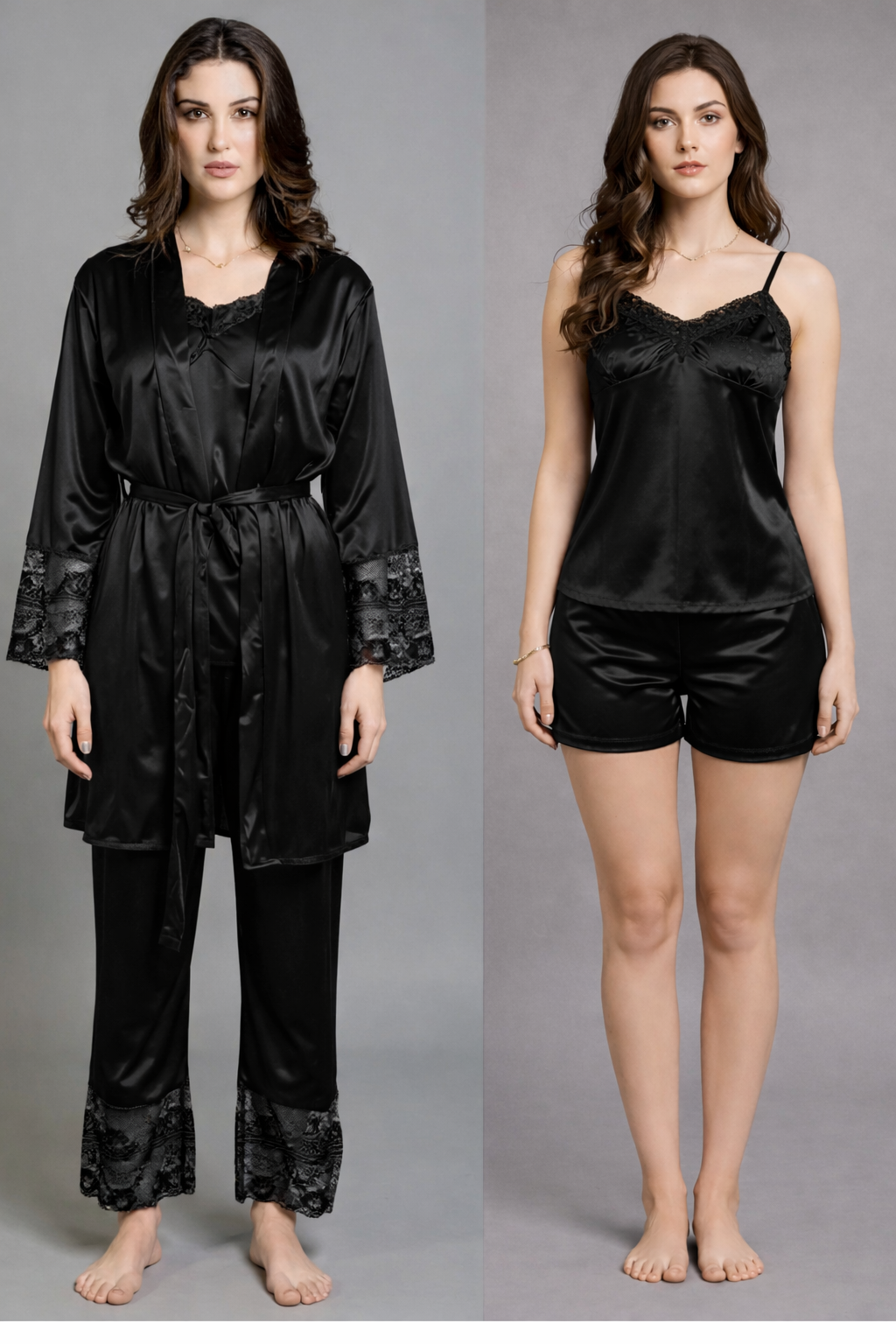 5 Piece Jersey Silk Nightwear Set for Women – Luxury Night Suit | Free Size | Nighty, Robe, Pajama & Shorts Set