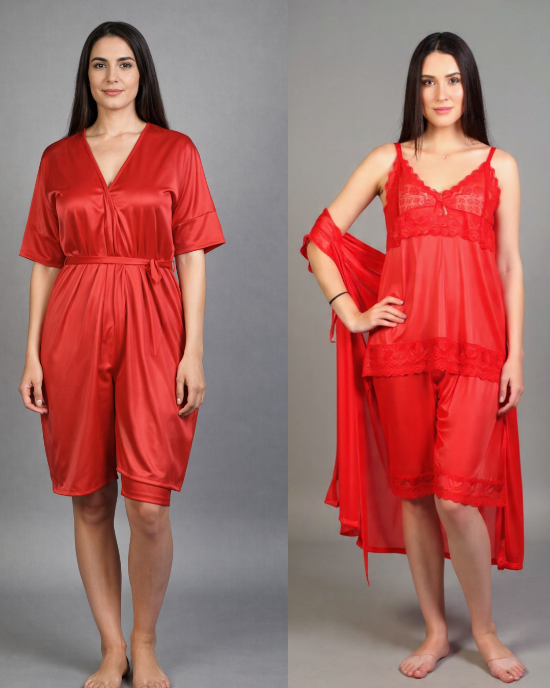 3 Piece Jersey Silk Nightwear Set for Women – Luxury Night Dress | Free Size |  Set with Robe & Shorts