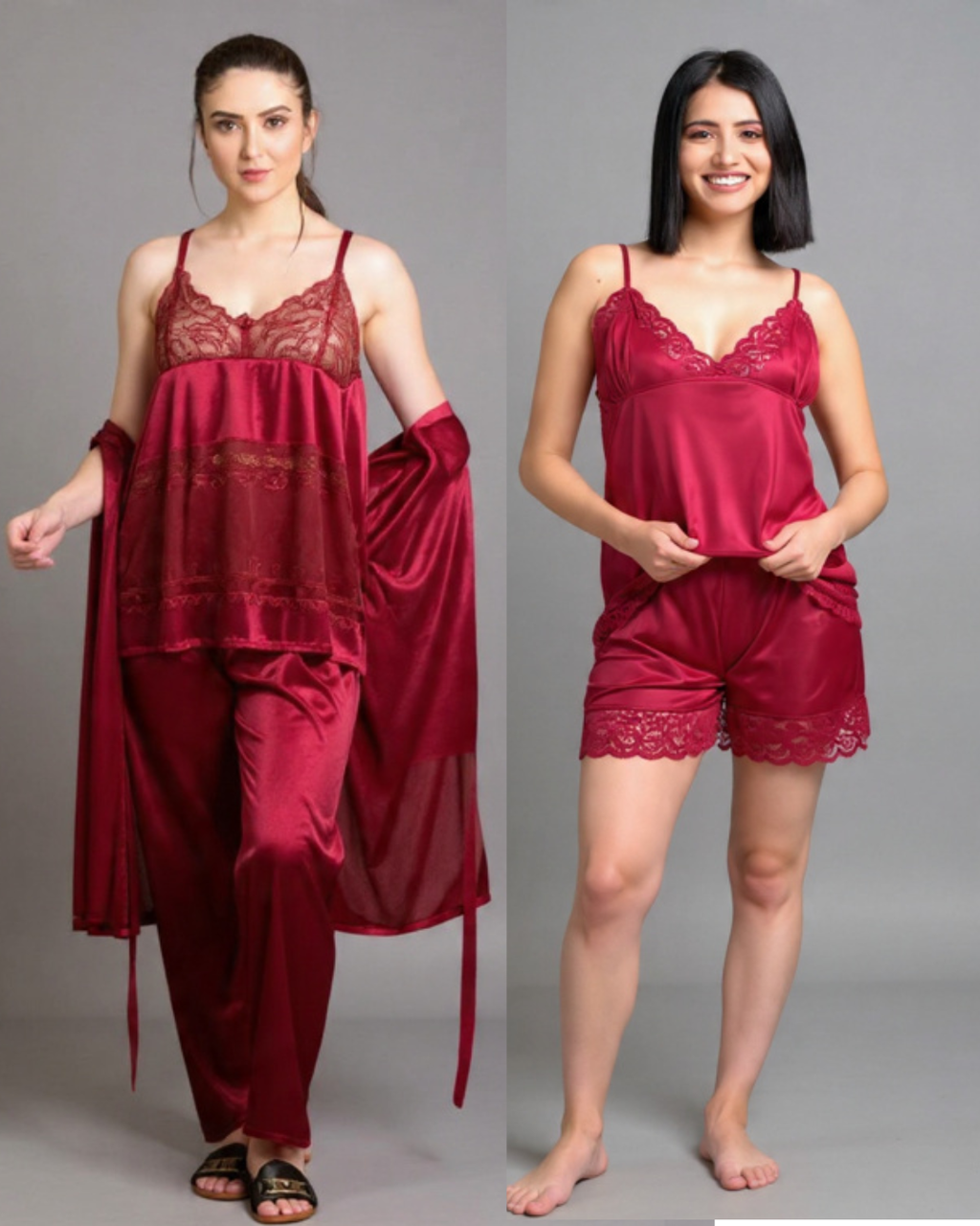 Silk 5-Piece Luxury Jersey Nightwear Set for Women | Complete Night Suit with Lace