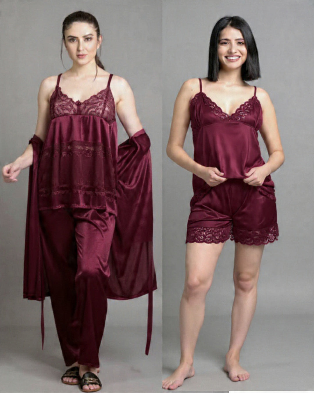 Silk 5-Piece Luxury Jersey Nightwear Set for Women | Complete Night Suit with Lace