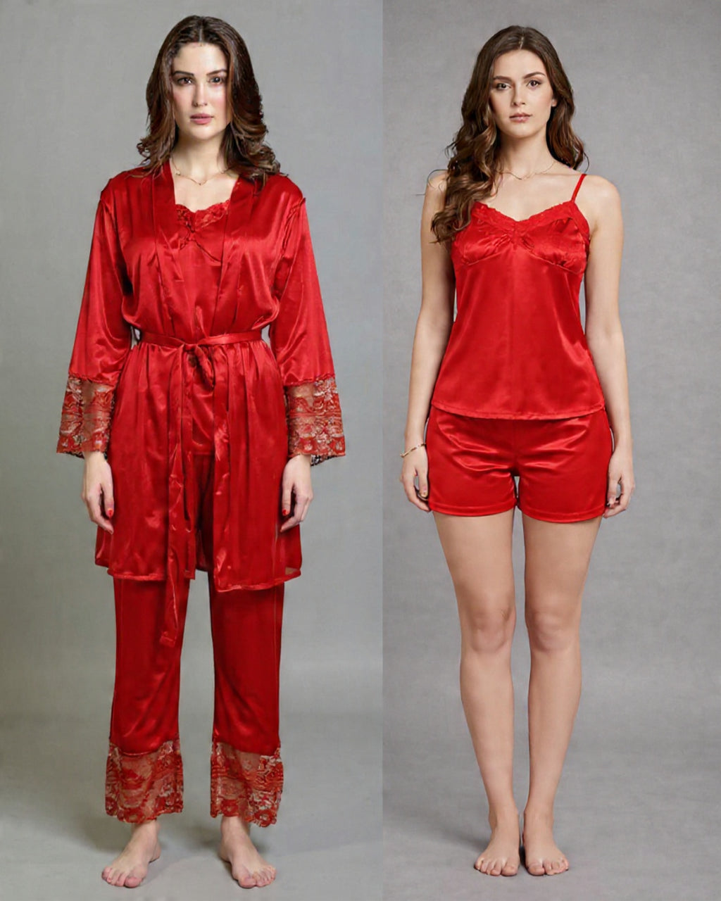 5 Piece Jersey Silk Nightwear Set for Women – Luxury Night Suit | Free Size | Nighty, Robe, Pajama & Shorts Set