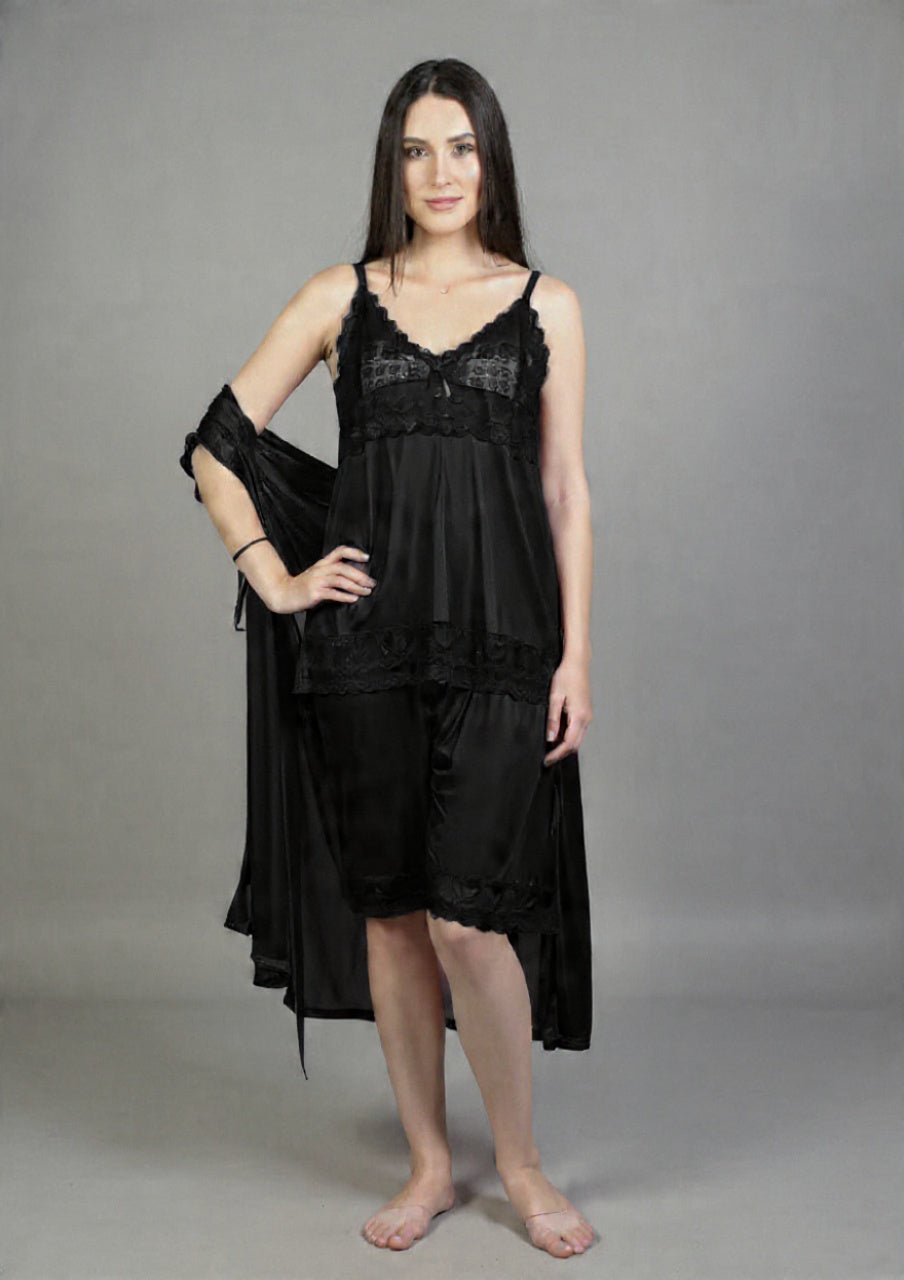 3 Piece Jersey Silk Nightwear Set for Women – Luxury Night Dress | Free Size |  Set with Robe & Shorts