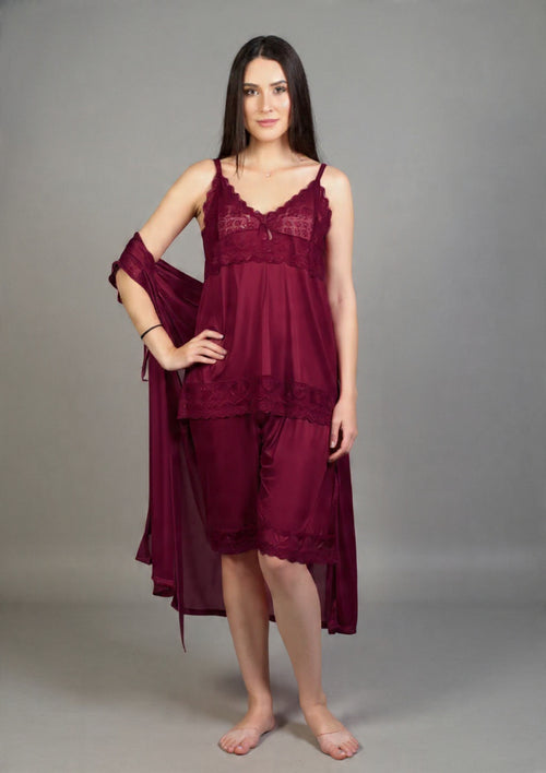 3 Piece Jersey Silk Nightwear Set for Women – Luxury Night Dress | Free Size |  Set with Robe & Shorts
