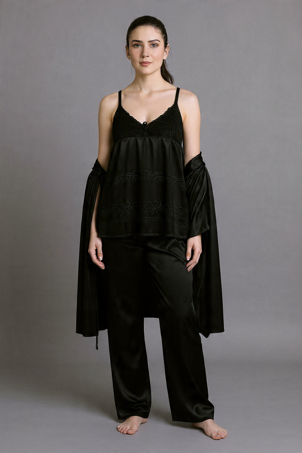 3 Piece Jersey Silk Nightwear Set for Women – Pajama, Inner & Coat