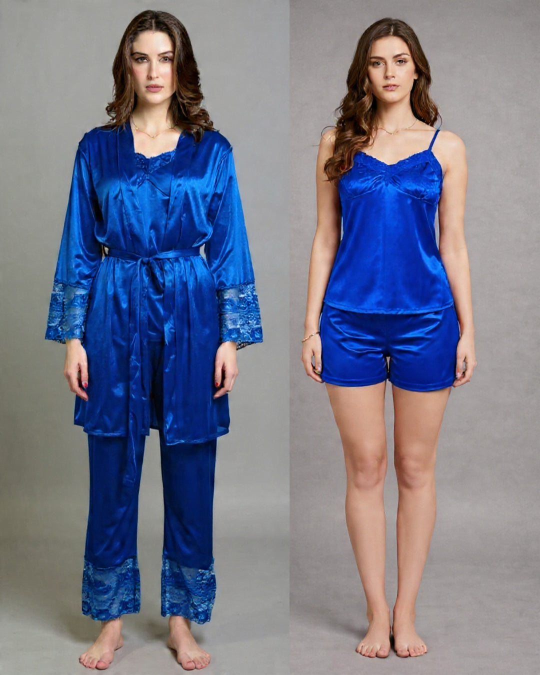 5 Piece Jersey Silk Nightwear Set for Women – Luxury Night Suit | Free Size | Nighty, Robe, Pajama & Shorts Set