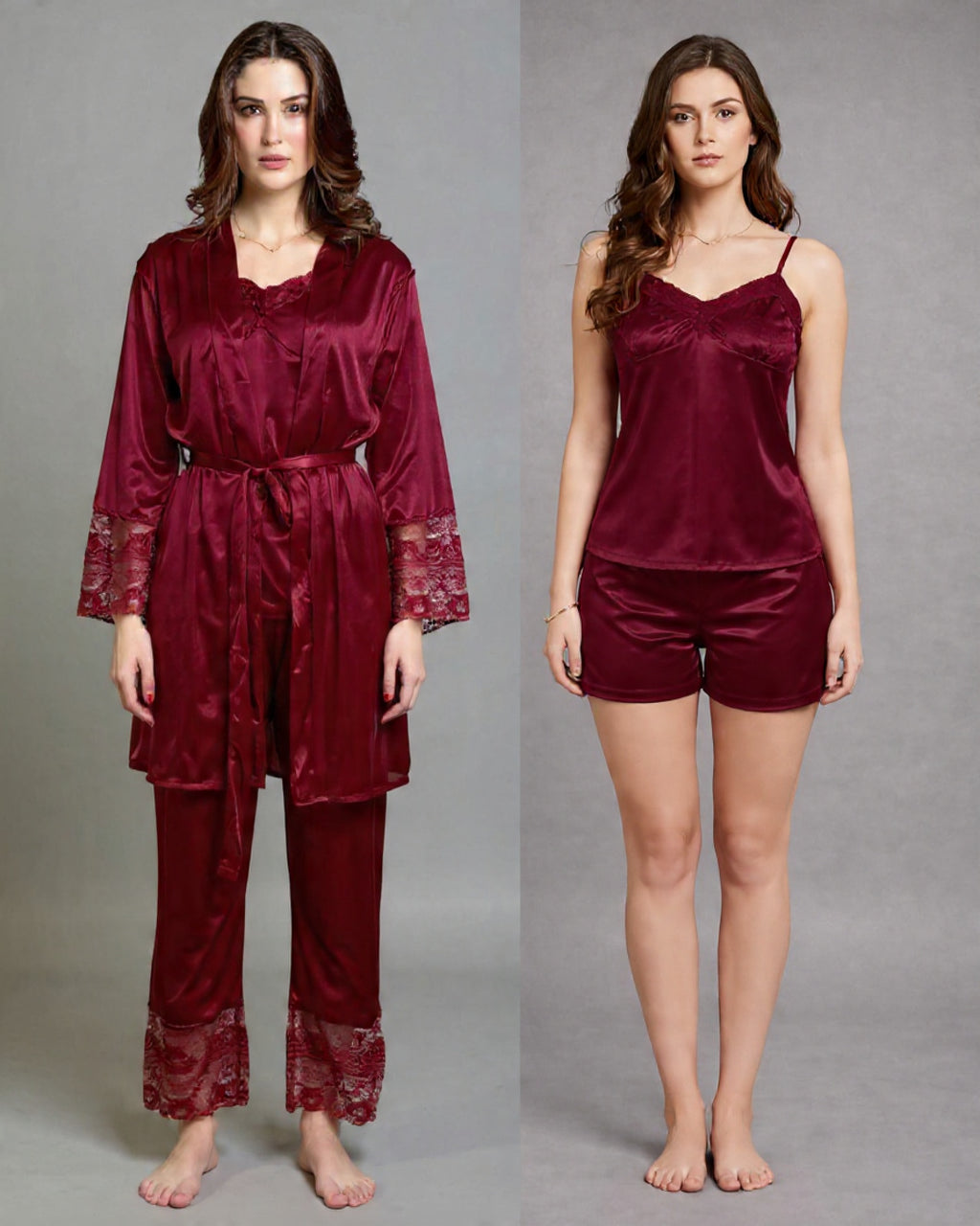 5 Piece Jersey Silk Nightwear Set for Women – Luxury Night Suit | Free Size | Nighty, Robe, Pajama & Shorts Set